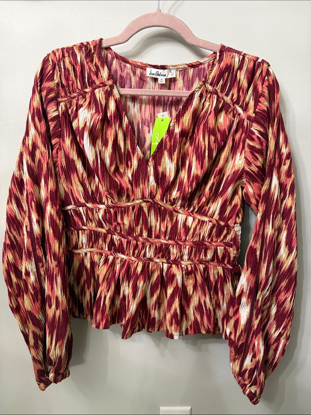 Sam Edelman Love Stitch Burgundy and Cream Ikat V-Neck Peplum Blouse